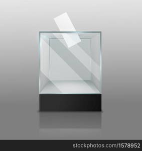 Ballot box. Empty transparent case with voting white paper in hole, confidential election survey, glass or plastic square showcase on black podium realistic 3d vector isolated single object. Ballot box. Empty transparent case with voting paper in hole, confidential election survey, glass or plastic square showcase on black podium realistic 3d vector isolated object