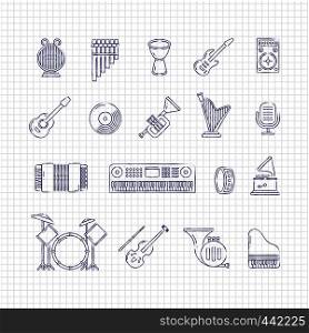Ballpoint drawing music concert instruments thin line icons of set. Vector illustration. Music concert instruments thin line vector icons