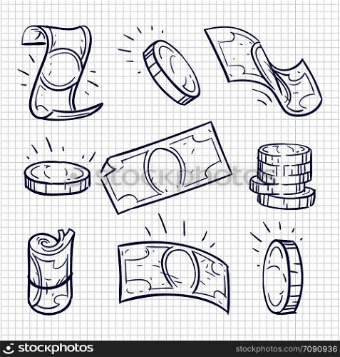 Ballpoint pen drawing money and coins isolated on notebook page. Vector illustration. Ballpoint pen drawing money and coins