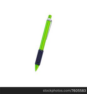 Ballpoint pen isolated stationery tool. Vector fountain ball pen in green and black color. Ball pen isolated school stationery, writing tool