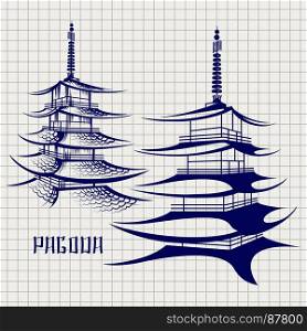 Ballpoint pen pagoda sketch. Ballpoint pen pagoda sketch on notebook page, vector illustration