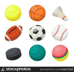 Balls for different team sports flat vector illustrations set. Equipment for different games: football, baseball, basketball, rugby, volleyball, tennis isolated on white background. Sports concept