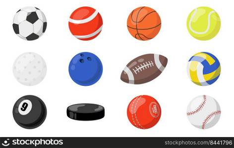 Balls for sports set. Hockey puck, soccer, baseball, basketball, football, handball, rugby balls. Vector illustrations for team game sport activities, equipment concept