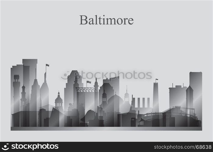 Baltimore city skyline silhouette in grayscale vector illustration