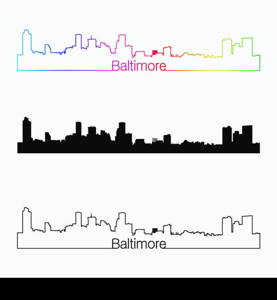 Baltimore skyline linear style with rainbow in editable vector file