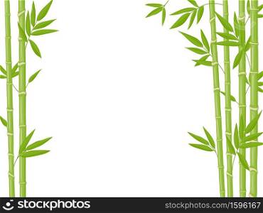 Bamboo background. Asian fresh green bamboo stalks, natural bamboo plant backdrop, stick plants with foliage vector illustration. Natural tree branches with leaves, ecological chinese plants. Bamboo background. Asian fresh green bamboo stalks, natural bamboo plant backdrop, stick plants with foliage vector illustration