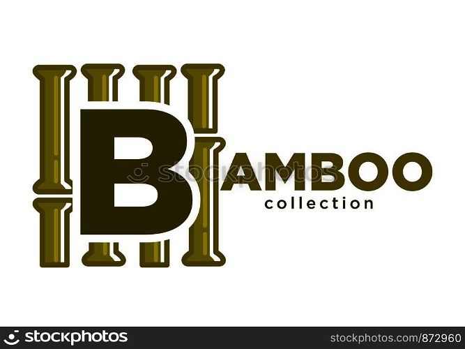 Bamboo collection promotional green emblem for natural material. Japanese plant in form of long stick empty inside used for interior decor isolated cartoon vector illustration on white background.. Bamboo collection promotional green emblem for natural material