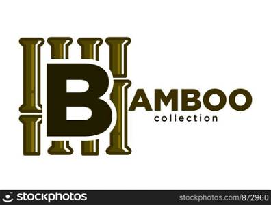 Bamboo collection promotional green emblem for natural material. Japanese plant in form of long stick empty inside used for interior decor isolated cartoon vector illustration on white background.. Bamboo collection promotional green emblem for natural material