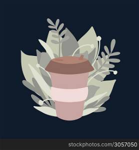 Bamboo cup for coffee or tea with green leaves. Zero waste items on dark background. Recyclable products. Flat vector illustration for greeting card, print, banner and your creativity.. Bamboo cup for coffee or tea with green leaves. Zero waste items on dark background. Recyclable products. Flat vector illustration