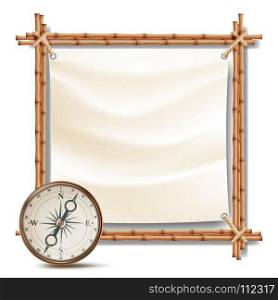 Bamboo Frame With Compass Vector. Tropical Summer Adventure Concept. Isolated Illustration. Bamboo Frame And Metal Compass Vector. Summer Travel Concept. Isolated Illustration