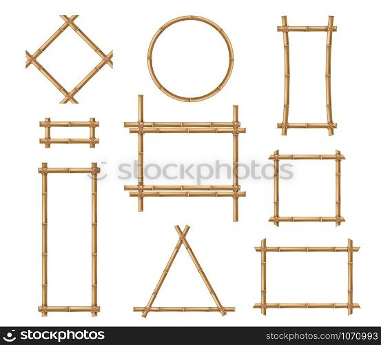 Bamboo frame. Wooden brown bamboo stick square and round border frames tied by ropes in japanese and chinese style vector isolated board nature mockups. Bamboo frame. Wooden brown bamboo stick square and round border frames tied by ropes in japanese and chinese style vector isolated mockups