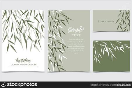 Bamboo green leaves. Vector Illustration bamboo leaves. Set of greeting cards
