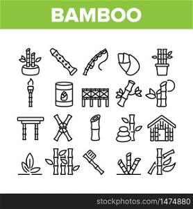 Bamboo Nature Plant Collection Icons Set Vector. Bamboo Material House And Bridge, Fishing Rod And Flute, Toothbrush And Table Concept Linear Pictograms. Monochrome Contour Illustrations. Bamboo Nature Plant Collection Icons Set Vector