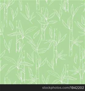 Bamboo outlines seamless pattern, vector illustration. Stems with bamboo leaves and green background. Botanical template for substrate, wallpaper, fabric and packaging.. Bamboo outlines seamless pattern, vector illustration.