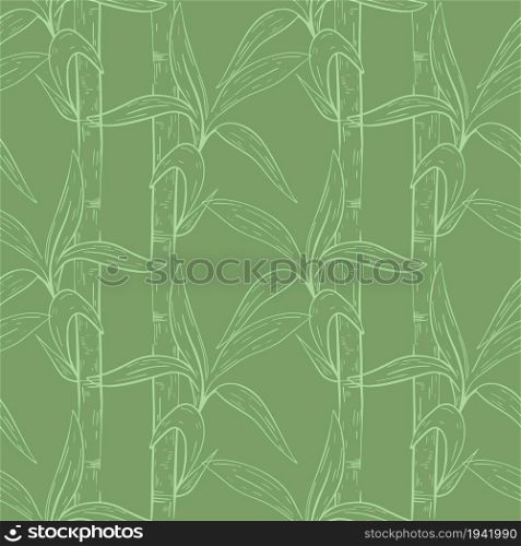 Bamboo stems with leaves seamless pattern. The background is hand engraved, sketch. Botanical template for wallpaper, packaging, fabric and design, vector illustration.. Bamboo stems with leaves seamless pattern.