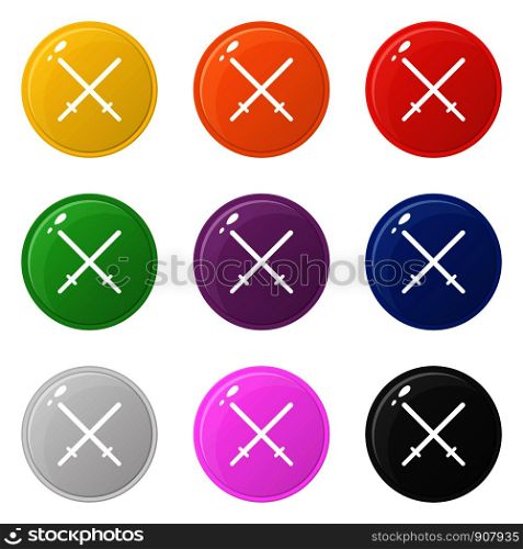 Bamboo sword weapon icons set 9 colors isolated on white. Collection of glossy round colorful buttons. Vector illustration for any design.