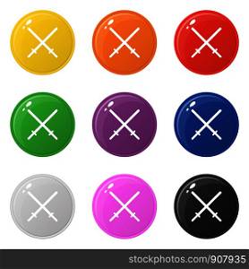 Bamboo sword weapon icons set 9 colors isolated on white. Collection of glossy round colorful buttons. Vector illustration for any design.