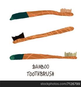 Bamboo toothbrushes set isolated on white background. Zero waste conceptual elements. Eco-friendly brushes. Vector illustration.