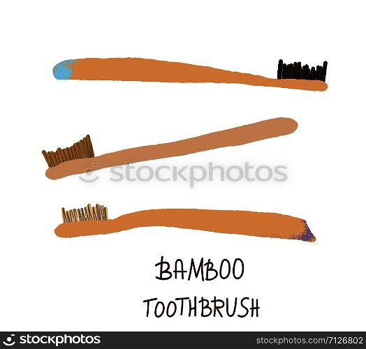 Bamboo toothbrushes set isolated on white background. Zero waste tips. Eco-friendly brushes. Vector illustration.