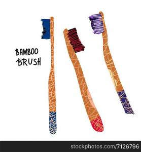 Bamboo toothbrushes set isolated. Zero waste tips. Eco-friendly brushes. Vector illustration.