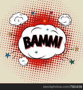 Bamm Comic Book Bubble Text on a dots pattern background in Pop-Art Retro Style. Bamm Comic Book Bubble Text