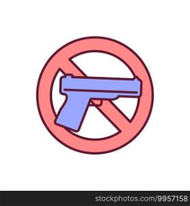 Ban guns RGB color icon. Violence prevention. Firearms restriction. Protect lives from shooting danger, ensure security. Illegal handgun. Forbidden pistol ownership. Isolated vector illustration. Ban guns RGB color icon