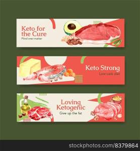 Ban≠r template with keto≥nic diet concept for advertise and marketing watercolor vector illustration. 