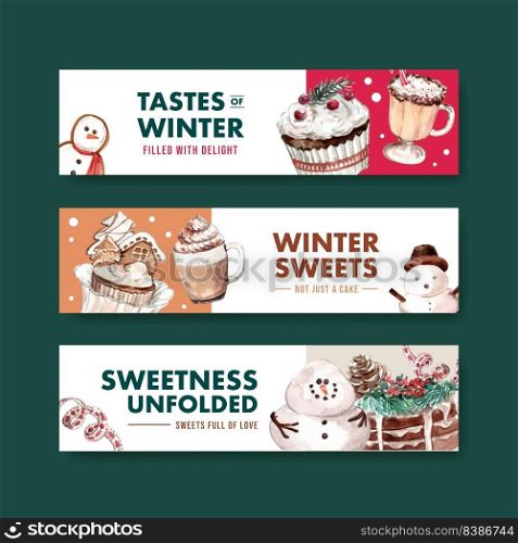 Ban≠r template with w∫er sweets concept design for advertise and marketing watercolor vector illustration 