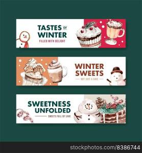 Ban≠r template with w∫er sweets concept design for advertise and marketing watercolor vector illustration 