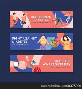 Ban≠r template with world diabetes day concept design for advertise and marketing watercolor vector illustration. 