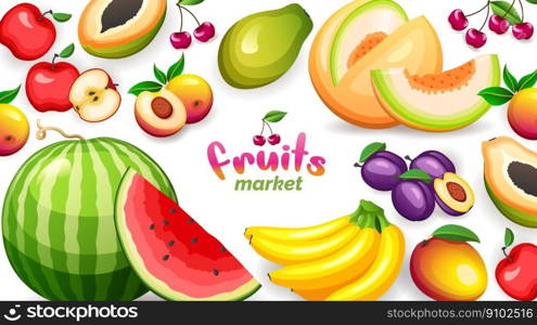 Ban≠r with different troπcal fruits market, vector illustrations in flat sty≤. Hea<hy nutrition concept. Ban≠r with different troπcal fruits isolated on white background, vector illustration in flat sty≤