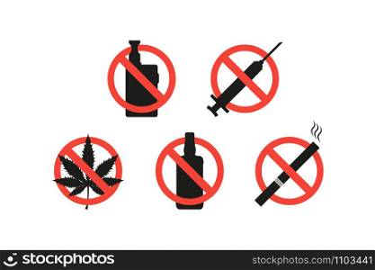 ban sign set no smoking, no vaping, no drugs, no alcohol. ban set no smoking, no vaping, no drugs, no alcohol