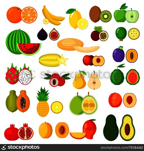 Banana and kiwi, orange and apple, pear and pineapple, watermelon, plum and apricot, melon, avocado and peach, dragon fruit and mango, papaya and pomegranate, fig and feijoa, carambola and durian . Flat whole and halves of fruits