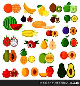 Banana and kiwi, orange and apple, pear and pineapple, watermelon, plum and apricot, melon, avocado and peach, dragon fruit and mango, papaya and pomegranate, fig and feijoa, carambola and durian . Flat whole and halves of fruits
