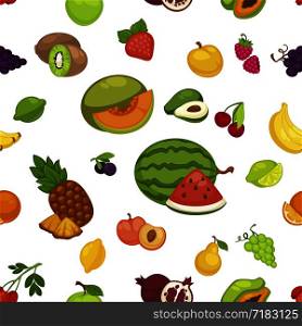 Banana and watermelon, cherry and pineapple fruits seamless pattern isolated on white background. Avocado and peaches, apples and pomegranates, kiwi and strawberries with raspberries set vector. Banana and watermelon, cherry and pineapple fruits seamless pattern