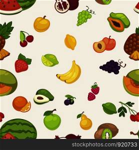 Banana and watermelon, cherry and pineapple fruits seamless pattern isolated on white background. Avocado and peaches, apples and pomegranates, kiwi and strawberries with raspberries set vector. Banana and watermelon, cherry and pineapple fruits seamless pattern isolated on white background.
