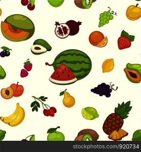 Banana and watermelon, cherry and pineapple fruits seamless pattern isolated on white background. Avocado and peaches, apples and pomegranates, kiwi and strawberries with raspberries set vector. Banana and watermelon, cherry and pineapple fruits seamless pattern isolated on white background.