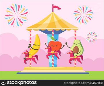 Banana, apple and avocado characters riding on chairoplane. Happy fruits having fun on party vector illustration. Fireworks in background. Festival, celebration, theme park concept