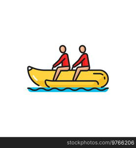 Banana boat aqua entertainment activity, tourists couple on summer vacation riding on blue water waves color line icon. Vector summer water sport activity, swimming on rubber boat in sea ocean. Tourists couple riding banana boat on water waves