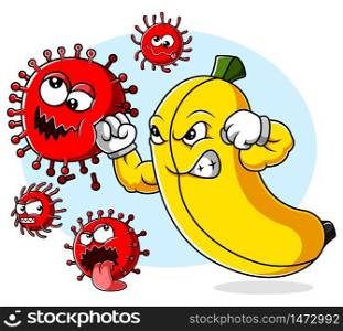 Banana boxing and kick coronavirus covid 19 of illustration