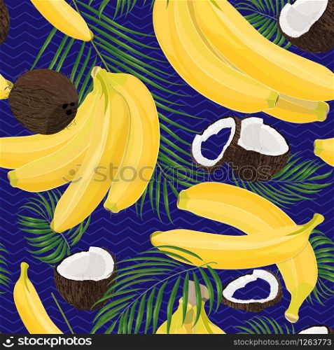 Banana, coconut, whole and pieces with palm leaves isolated on white background. Colorful botanical vector ilustration. Vintage tropic design. Good idea for Summer jungle Fashion seamless pattern. Banana, coconut, whole and pieces with palm leaves isolated on white background. Colorful botanical vector ilustration. Vintage tropic design