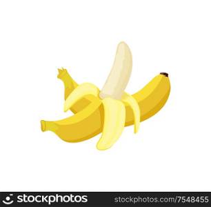 Banana exotic juicy ripe yellow fruit, whole and piled, vector isolated. Tropical edible food, dieting vegetarian icon full of vitamins, sweet dessert. Banana Exotic Juicy Ripe Yellow Fruit Berry Icon
