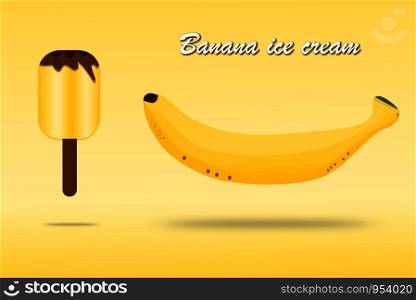 Banana fruit and ice cream from banana design for banner or poster on yellow background. Vector. illustration.
