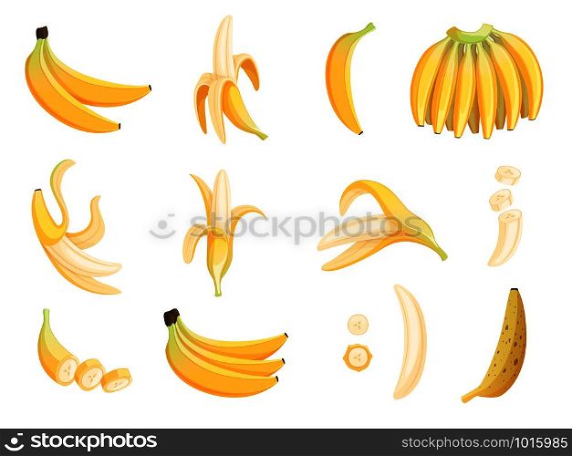 Banana fruit. Appetizing dessert food eating vector cartoon pictures. Banana ripe food, tropical dessert vegetarian illustration. Banana fruit. Appetizing dessert food eating vector cartoon pictures