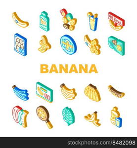 banana fruit food yellow white icons set vector. peel bunch, ripe fresh sweet, tropical healthy, green organic raw snack slice, delicious banana fruit food yellow white isometric sign illustrations. banana fruit food yellow white icons set vector