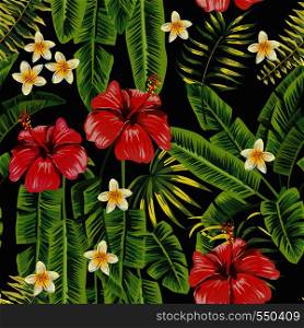 Banana green leaves and red hibiscus, white plumeria (frangipani) flowers seamless pattern black background. Vector botanical compoition