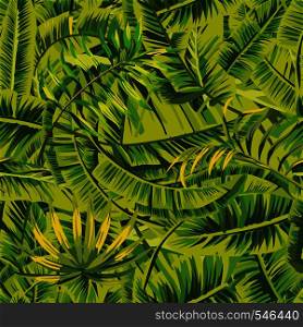 Banana green leaves seamless vector pattern jungle. Exotic design fabric