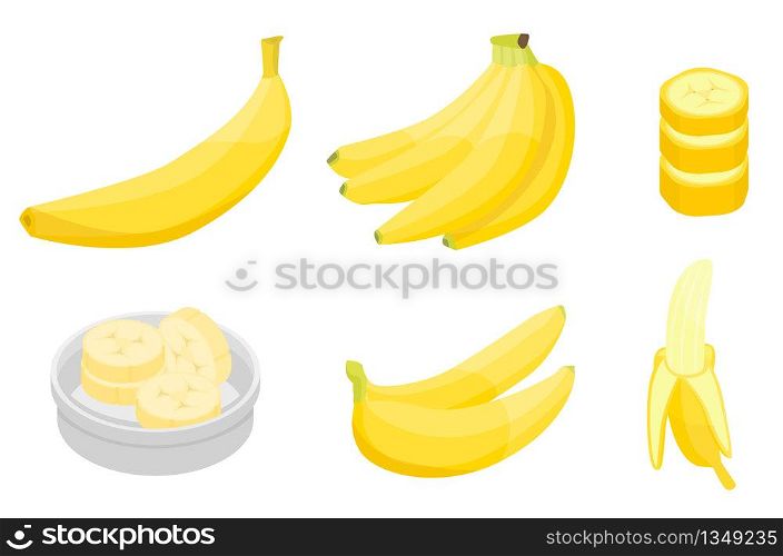 Banana icons set. Isometric set of banana vector icons for web design isolated on white background. Banana icons set, isometric style