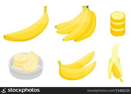 Banana icons set. Isometric set of banana vector icons for web design isolated on white background. Banana icons set, isometric style