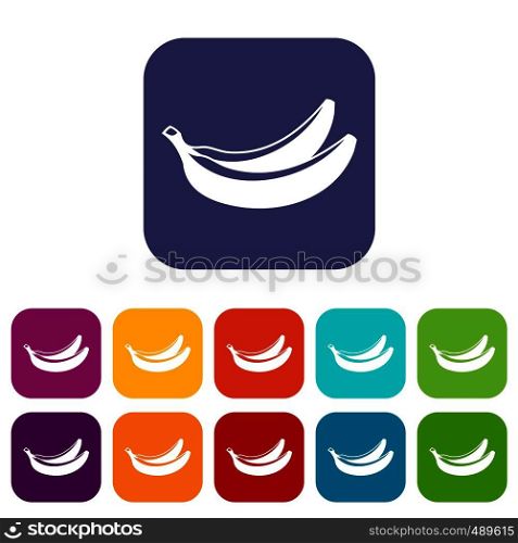 Banana icons set vector illustration in flat style in colors red, blue, green, and other. Banana icons set